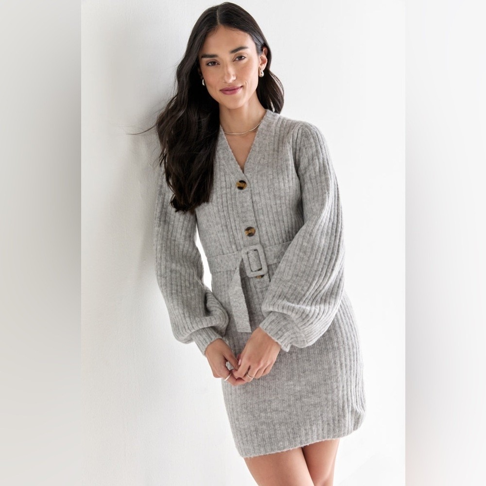 Tularosa Sweater Dress Women M Gray Ribbed Knit Belted Button Front